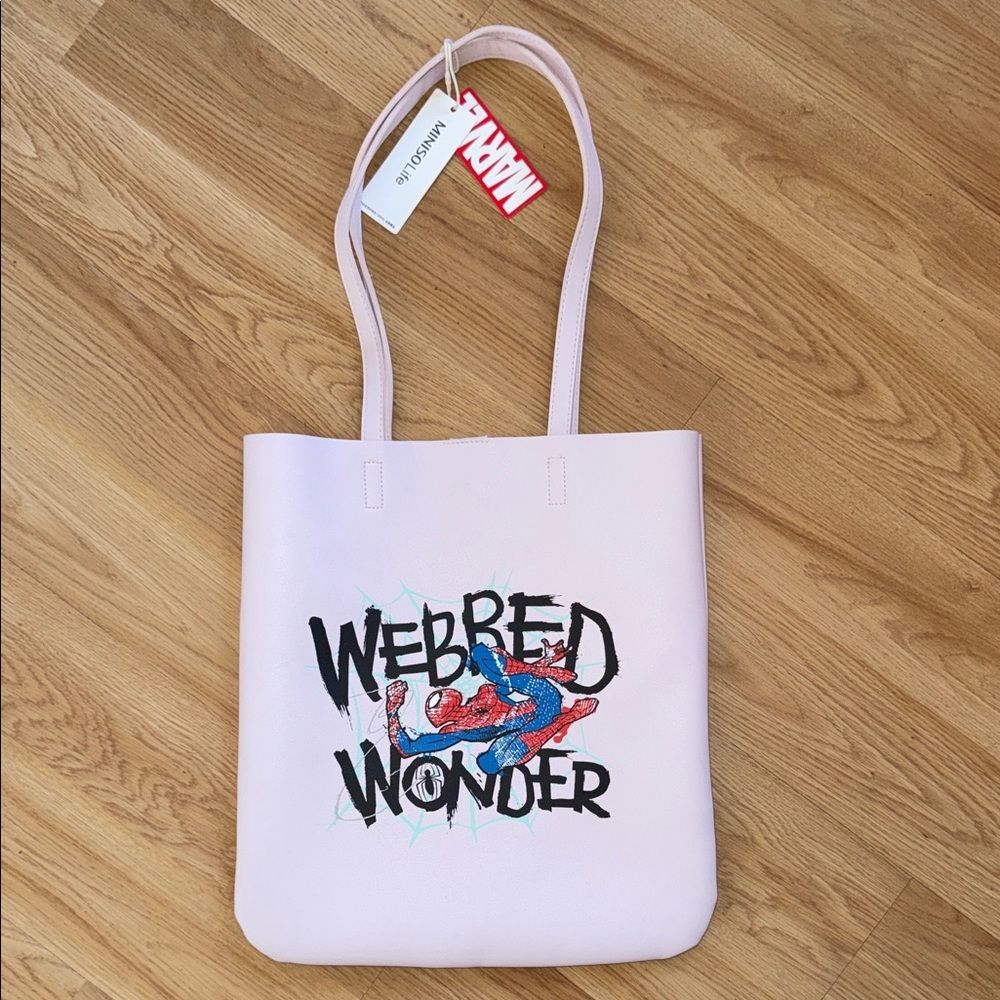 NWT Miniso Marvel Light Pink Webbed Wonder Tote Bag Handbag NEW